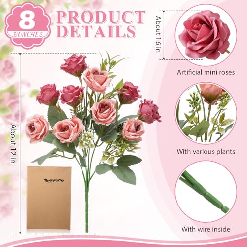 Zeyune 8 Pack Artificial Mini Soft Pink Roses, 12 Inch Fake Flowers with Stems, 80 Small 1.6 Inch Flower Heads, Silk Mini Rose Bouquets for Wedding Centerpieces, Bridal Bouquets, Home Party Decor - color: Soft Pink