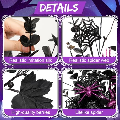 Giegxin 10 Pcs Halloween Floral Picks Halloween Decorations 19.5inch Black Artificial Flowers Branches Eucalyptus Stems Glitter Spiderweb Maple Leaf Stems for Home Indoor Party Vase Arrangement Decor