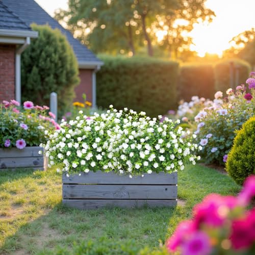 Bassion 20 Bundles Artificial Flowers for Outdoors, UV Resistant Faux Plants Outdoor Indoor Fake Flowers Plastic Greenery Shrubs Eucalyptus Stems for Garden Fence Patio Window Box Porch Pot Decor - color: White