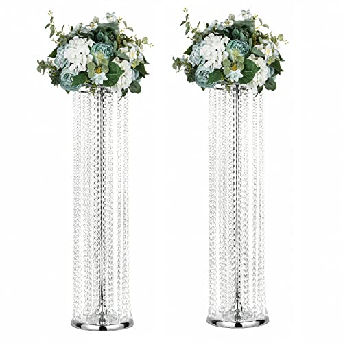 Set of 2 Luxurious Crystal Flower Stand Wedding Centerpieces on Floor Tall Metal Flower Arrangement Stand Tabletop Flower Vase for Wedding Party Hotel Home Decor… - color: Silver, size: 35.4"×2pcs