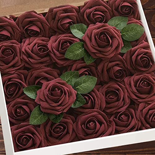 Higfra Artificial Flowers 25pcs Real Looking Burgundy Foam Fake Roses with Stems for DIY Wedding Bouquets White Bridal Shower Centerpieces Arrangements Mothers Day Party Tables Decorations - color: Burgundy, size: 25Pcs