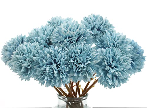 Tinsow 12 Pcs Artificial Flowers Faux Ball Chrysanthemum Bouquet Silk Light Blue Flowers Bridal Wedding Bouquet for Home Easter Party Wedding Decoration (Light Blue, 12) - color: Light Blue