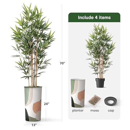 Artificial Tree in Multicolor Textured Geometric Shapes Illustrations Planter, Fake Bamboo Silk Tree for Indoor and Outdoor Home Decoration - 70" Overall Tall (Plant Pot Plus Tree) - style: Bamboo