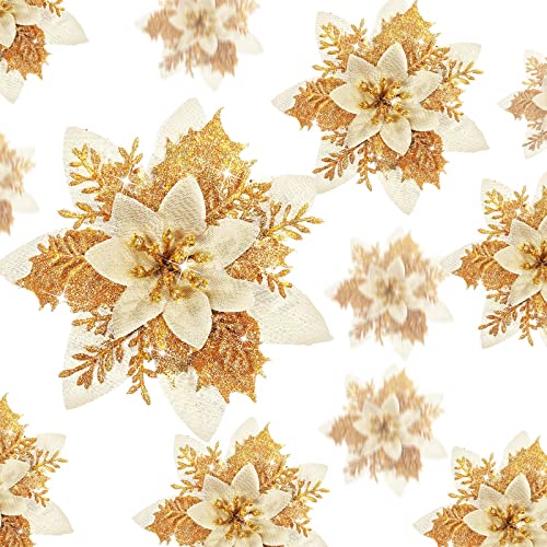 Geosar 36 Pcs Christmas Glitter Artificial Poinsettia Flowers Xmas Poinsettia Artificial Wedding Flowers Decorations Xmas Tree Ornaments with Clips for Party, 6 Inch, 4 Inch, 3 Inch(Gold) - color: Gold