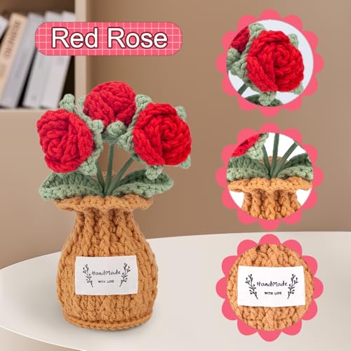 Rose Crochet Flower Plant, Small Cute Handmade Knitted Flowers with Vase, Small Crochet Potted Artificial Flower Plants for Desk Home Car Dashboard Office Decorations (Rose-Red) - color: Rose-red