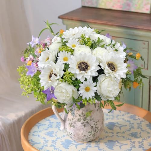 3 Pcs Fall Flowers Artificial Mums Silk Fake Mums Bouquet Faux Floral Arrangements Home Indoor Outdoor Planter Decor Party Wedding Table Autumn Decoration (White-A) - color: White-a