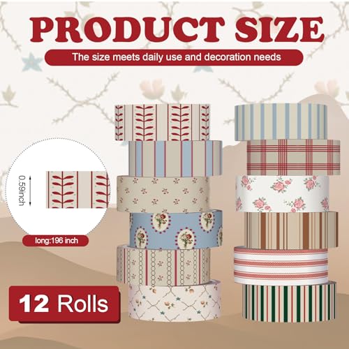 12 Rolls Watercolor Floral Washi Tape Set 15 mm Vintage Flower Decorative Masking Tape for Summer School Arts DIY Craft Scrapbook Journal Supplies Gifts(Retro,Mixed Pattern) - color: Retro, style: Mixed Pattern