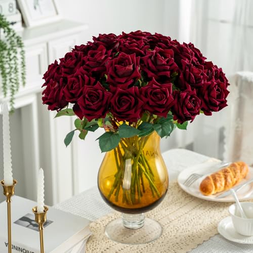 Ttranewsoo Fake Roses Faux Flowers Silk Roses Artificial Roses with Stems Realistic Artificial Flowers Suitable for Indoor Home Decoration Diy Bouquet Wedding Decor Party Decor 24PCS(Black red,16.5In) - color: Black Red 24pcs