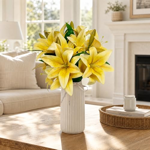 ATFL Artificial Lilies Flowers,9 Pcs Faux Lily Flowers,16''Tiger Lily Branches with 2 Full Blooms and 1 Bud,Faux Fake Lilies Plants for Wedding Bouquet Floral Arrangements (9, Yellow) - color: Yellow