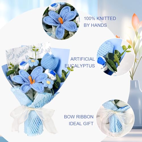 Knitted Flower Bouquet - Handmade Tulip Rose Daisy Crochet Flowers Bouquet for Mother's Day Father's Day Graduation Birthday Teacher Appreciation Gifts Home Decor Blue - color: Blue