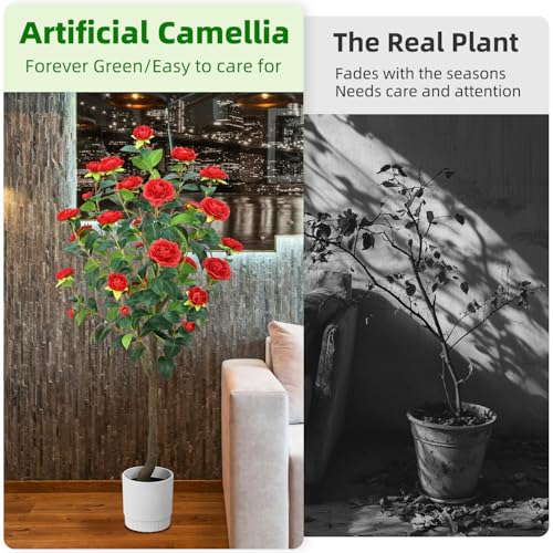 Artificial Camellia Tree 6FT – Faux Plants Indoor, with Easy Assembly, Low Maintenance, Ideal for Both Indoor Decoration and Other Purposes，Perfect Porch Christmas Trees (Red 6ft) - color: Red 6ft