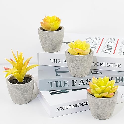 Set of 4 Small Yellow Fake Succulent Plants - Mini Artificial Succulents for Bathroom, Living Room, Office Desk, Coffee Table, Kitchen Shelves - Aesthetic Indoor Shelf Decor - color: 4pcs Yellow