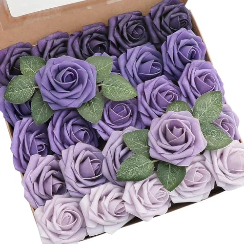 Artificial Flowers Roses with Stems for DIY Wedding Christmas Tree Bouquet Baby Shower Centerpiece Floral Arrangement Party Home Decor Mothers Day Decorations (Gradient Color Purple, 25 Pieces) - color: Gradient Color Purple, size: 25