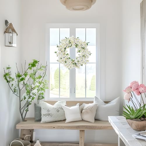 Spring Summer Wreaths for Front Door, 20 Inch Cherry Blossom Wreaths for Spring Summer Decor, White Wreaths for Front Door, Window, Home, Wall, Porch, Farmhouse Decor, Spring Artificial Flower Wreaths - color: # White 20"