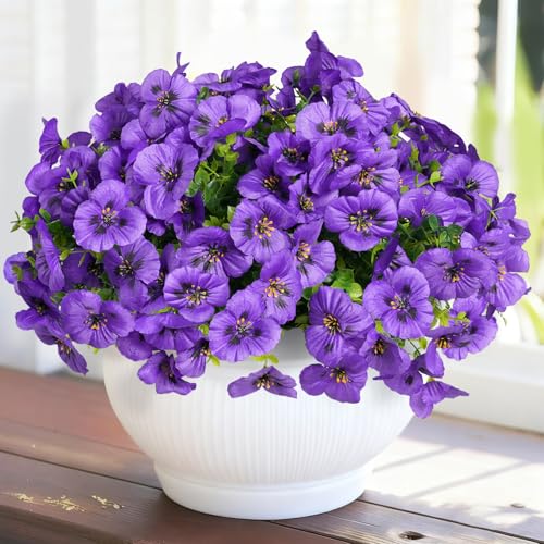 SupBri 12 Bundles Artificial Flowers for Outdoor, UV Resistant Fake Pansy Flowers, Silk Faux Fowers for Outdoor Planters Home Garden Office Patio Front (Purple) - color: Purple