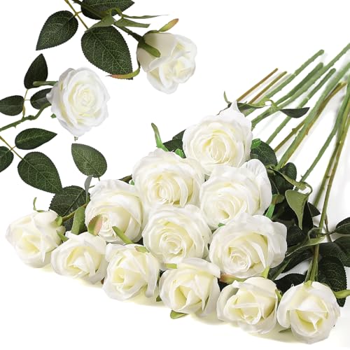 Hawesome 12PCS Artificial Silk Flowers Realistic Roses Bouquet Long Stem for Home Wedding Decoration Party (White, 6 Flowers 6 Buds) - color: White, size: 6 Flowers 6 Buds