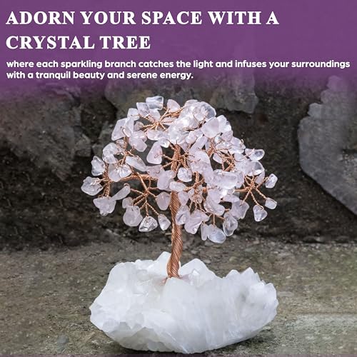 Crocon Rose Quartz Crystal Tree with White Aura Base Tree of Life Decor for Shelf, Bedroom, Birthday Gifts for Women, Sister Gift, Birthday Gifts for Mom, Cute Home Office Decor Housewarming Present - color: Bf Rose Quartz + White Aura Base