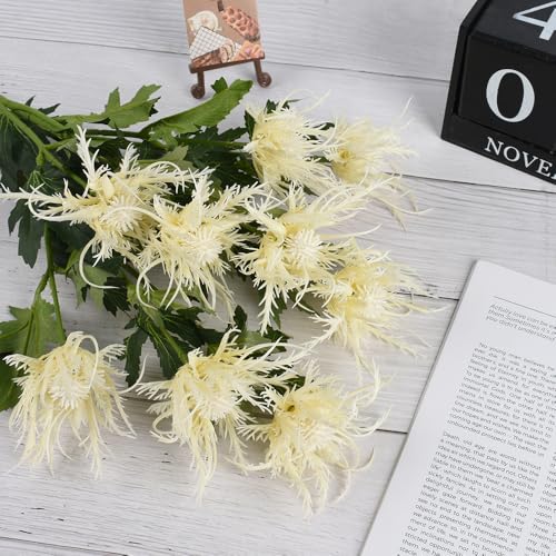 Artificial Thistle Flower Bouquet 2Pcs, White Artificial Eryngium Flowers Faux Thistle Artificial Spray Eryngiums Plants Simulation Sea Holly for Wedding Home Decoration Floral Arrangements