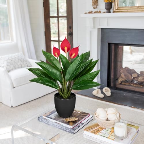 GnFlus 20'' Realistic Red Anthurium Artificial Potted Plant, Fake Flowers for Home Office Farmhouse Kitchen Bathroom Table Shelf Decor - color: 20'' Pink