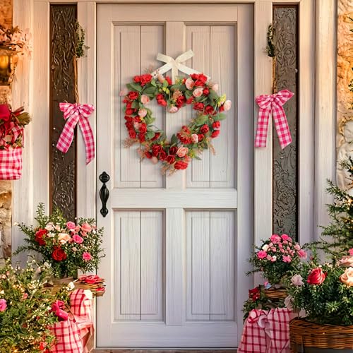 Suncalla 17.7 Inches Heart Rose Wreath Pink Floral Valentine Wreath with Ribbons Artificial Rose Wreaths for Christmas Party Gifts Front Door Valentine's Day Wedding Decoration - style: Roses