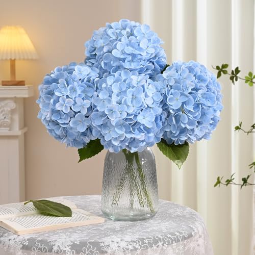 4 Pcs Blue Hydrangea Artificial Flowers, Latex Real Touch Hydrangea Flowers, 19.6'' Full Faux Hydrangea Flowers Fake Flowers for Home Decor Party Wedding Centerpiece Bouquet Floral Arrangements - color: Blue