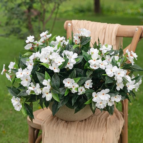 Uqueeten15.7” Fake Flowers Artificial Flowers for Outdoor,Silk Artificial Impatiens Bouquet Flowers for Outdoors，Spring Flowers Flores Artificiales para Decoracion Indoor Decor 8PCS(White) - color: White-8