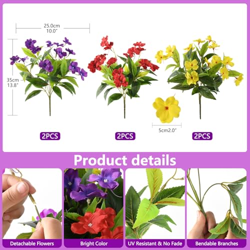 Hommyea Artificial Fake Flowers for Outdoor, 6 Bundles UV Resistant Faux Plants Decoration Silk Flowers No Fade Plastic Flowers for Outside Planters Home Porch Patio Yard Garden Decor - color: Purple Red Yellow