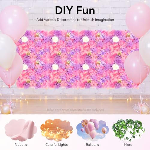 Flower Wall Backdrop 12 Pcs -15x15Inch Artificial Flower Wall Panels 3D Silk White Rose Floral Photography Background Floral Decoration Panels for Wedding, Event Party (Pink+Purple+White, 15 × 15") - color: Pink+Purple+White
