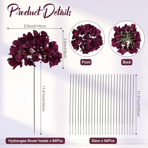 Burgundy Hydrangea Artificial Flowers Bulk with Stems 64 Pcs | Faux Silk Hydrangeas Flower Heads with Stems for Wedding Arch Table Centerpieces Home Garden Baby Shower Party Decoration - color: Burgundy