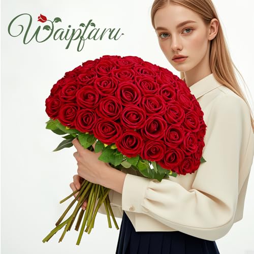 Waipfaru 100 Pcs Red Roses Artificial Flowers Bulk, Real Touch Velvet Roses with Wrapping Paper, Fake Flowers for Wedding Centerpieces Bridal Bouquet Valentines Mothers Day Decor - color: Red, size: 100 Pcs