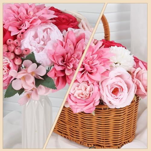 Artificial Flower Box Set – Faux Floral Bouquet for Party&Table Centerpieces, Realistic Pink Flowers Artificial for Home & Wedding Decoration,Bulk Fake Flowers with Stems - color: Hot Pink