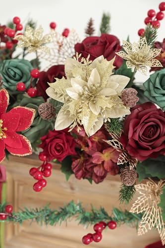 Artificial Christmas Flowers Mix Silk Flowers Fake Roses with Stems for DIY Bridal Bouquets Faux Flowers Centerpieces for Table Home Christmas Decorations - color: Chrismas Red Green