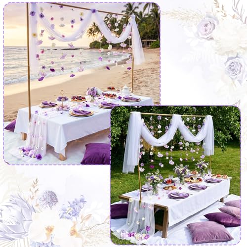 6 Pcs 35.4 Inch Artificial Purple Flower Garlands with 3 Pcs 10 Ft Wedding Tulle Table Runner Wildflower Vines Floral Table Runner Garlands for Wedding Bridal Shower Spring Tea Party - style: Purple Wildflower