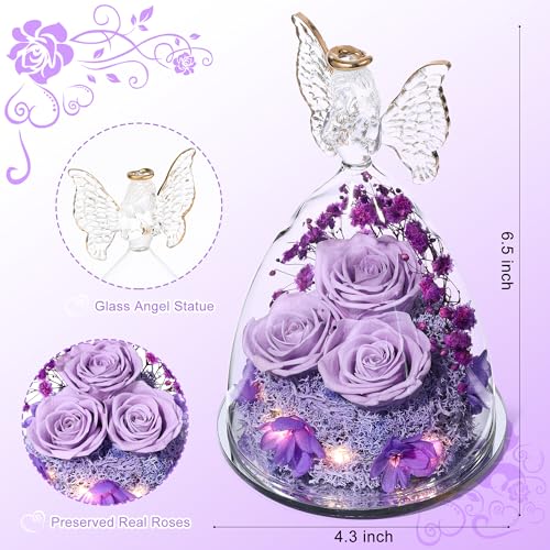 Mothers Day Mom Gifts for Women Preserved Flowers in Glass Angel Forever Flowers Gifts Eternal Roses Gifts for Grandma, Light Purple - color: Light Purple