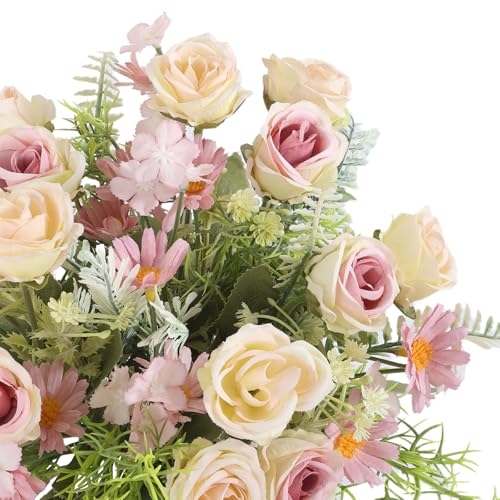 Artificial Flowers Fake Rose Bouquet 3 Pack Artificial Flowers Bouquet Plastic Flower Arrangements Wedding Decoration Table Centerpieces(Purple) - color: Purple