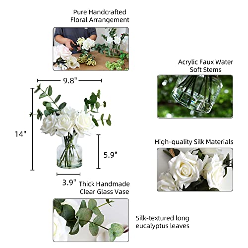 14" Artificial Flowers with White Roses in Vase, Fake Flowers in Artificial Water Vase, Silk Flower Arrangements with Artificial Flowers for Home Dining Table Decor.