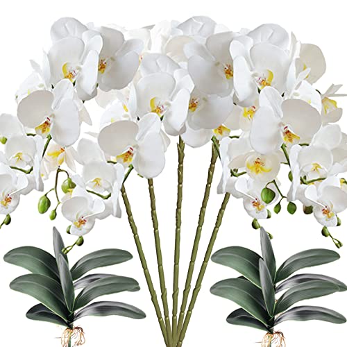 HinyoCo 5 Pcs Artificial Orchid Flowers and 4 Bundles Leaves, Artificial Phalaenopsis Flowers 32 Inch Stem Plants for Home Wedding Decoration (White) - color: White