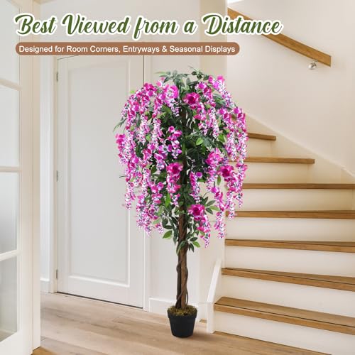 Thiccywoov 1 Pack 5ft Artificial Wisteria Tree Tall Fake Tree with Cement Base Pot Faux Floor Plant Decoration for Indoor Outdoor Home Office Housewarming Gift(Rosy Pink) - color: Rosy Pink