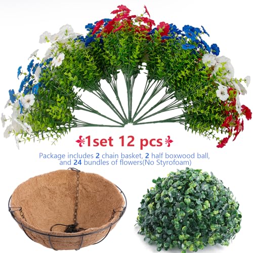 Hananona 2 Set Artificial Outdoor Flowers with Hanging Basket, 2 Hanging Planters with 24 Pcs Patriotic Flowers for Summer Front Porch Patio 4th of July Decor (Red, White, Blue) - color: Red, White, Blue