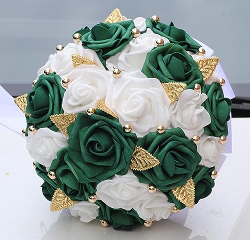 Handmade Wedding Bouquet Artificial PE Rose Bridal Bridesmaid Bouquet with Soft Ribbons Wedding Hand Holding Bouquet Artificial Fake Flowers Toss Bouquet(A-Emerald Green & White, 9.1"/23cm) - color: A-emerald Green & White, size: 9.1"/23cm