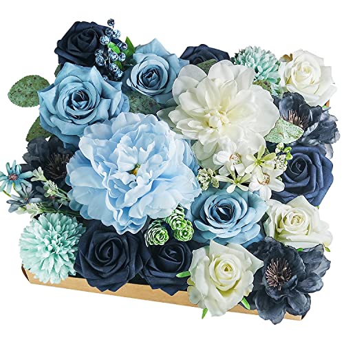 Artificial Flowers Combo Box Set,Silk Fake Flowers Roses Bridal Bouquets Out/Indoor DIY Centerpieces White Flowers for Decoration Arrangements Party Baby Shower Home Cake Decor (White&Blue) - color: White&blue