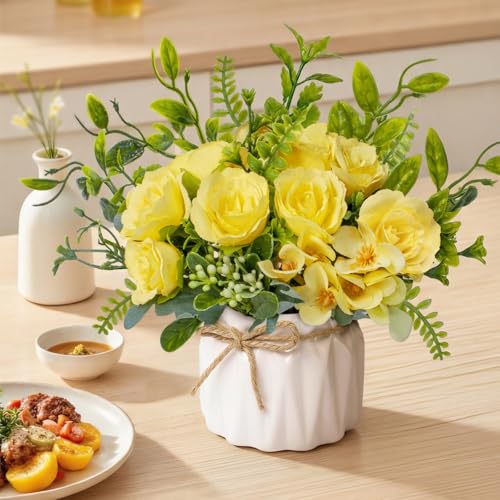 Yellow Artificial Silk Roses with Ceramic Vase, No Maintenance Faux Flower Arrangement, 6.3 Inch Realistic Table Decor for Home Office Wedding - color: Yellow