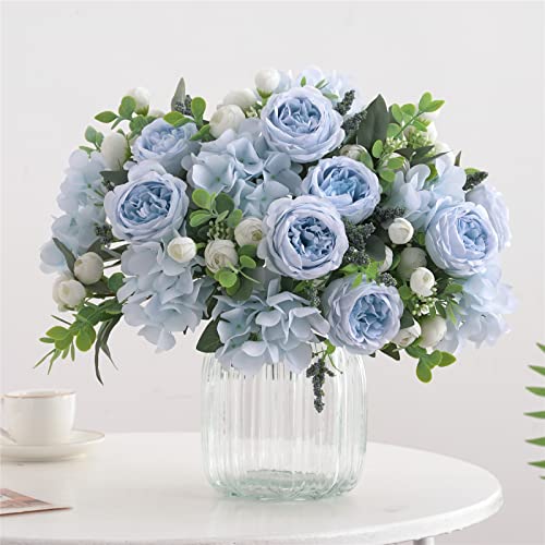 4 Bunches Artificial Flowers for Decoration Blue Peonies Fake Roses Arrangements Table Centerpiece Faux Flores for Wedding Home Vase Decor - color: Blue & White