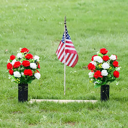 LVXINLI 2 Sets Artificial Cemetery Flowers,Memorial Flowers,Beautiful Arrangements for Headstones,Black Plastic vase with Drainage Hole Long Spikes Outdoor Memorials (Red and White)… - color: Red and White