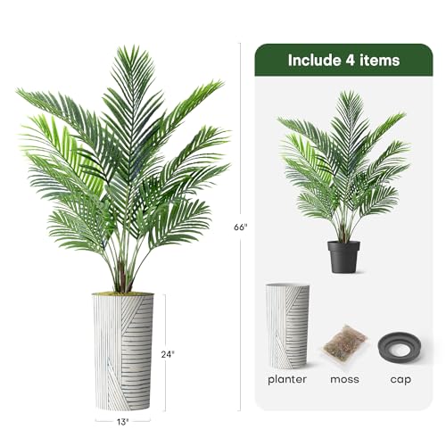 Artificial Tree in Geometric Pattern Planter, Fake Areca Tropical Palm Silk Tree for Indoor and Outdoor Home Decoration - 66" Overall Tall (Plant Pot Plus Tree) - style: Areca Palm Tree