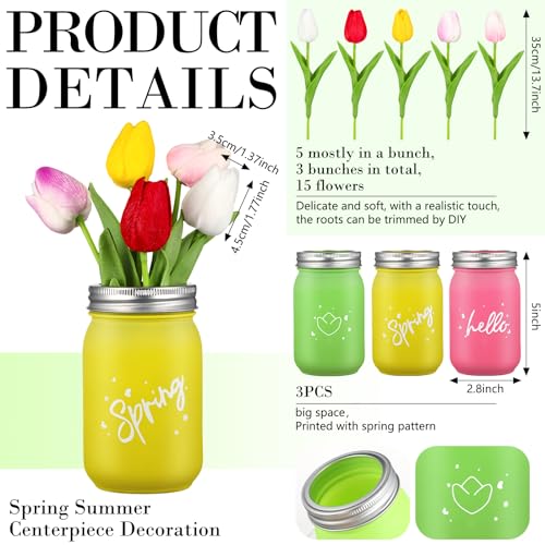 Hotop 15 Pcs Spring Decorations Tulips with 3 Mason Jar Table Centerpiece Multicolor Artificial Tulip Flowers Mason Jar Decoration Potted Tulips Flower for Office Wedding Party Floral Decorations