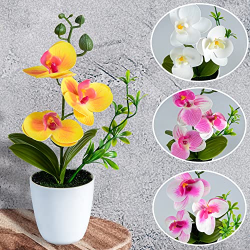 XONOR 4Pcs Artificial Orchid Flowers Mini Potted Orchid Flowers Fake Orchids with Plastic Vase for Home Office Wedding Table Centerpiece Decoration(White,Yellow,Pink,Light Pink) - color: White&yellow