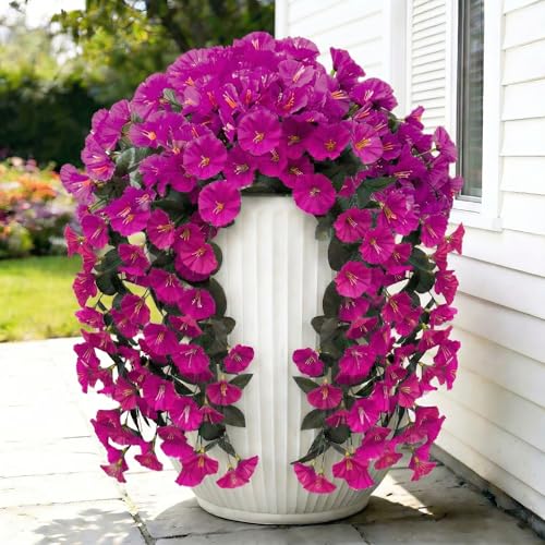 Artificial Flowers for Outdoors Fake Fuchsia Morning Glory Hanging Flower Decoration, 2Pcs Realistic Faux Plants Petunias Long Trailing Vines,Spring Decor for Porch Patio Balcony Planter Yard - color: Morning Glory - Fuchsia