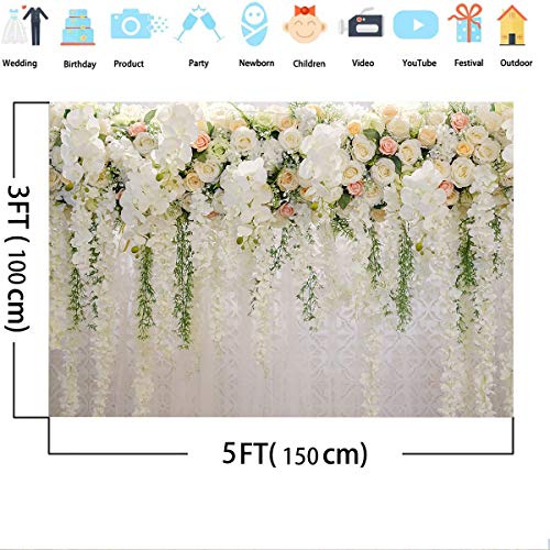 Mocsicka Wedding Flower Backdrop Wall Floral Bridal Shower Backdrops for Photoshoot Wedding Decoration for Reception White Rose Floral Photography Background Banner (5x3ft) - size: 5x3ft