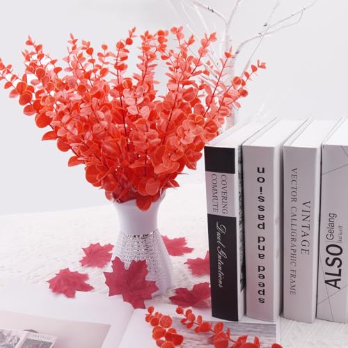 FEQO 36 Pcs Orange Eucalyptus Stems Artificial Leaves Faux Eucalyptus Stems Branches 15 inch for Wedding Bouquet Home Decor - color: Orange, size: 36 pcs